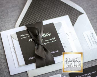 Black and White Invitations, Black Tie Invite, Heart Wedding Invitation with Ribbon, Elegant Wedding Invitation - "Modern Love" FP-NL SAMPLE