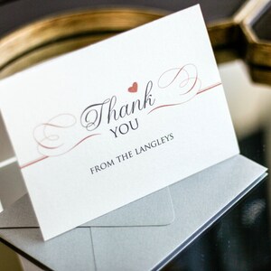 Classic Wedding Thank You, Newlywed Stationery, Blush Pink and Grey - "Romantic Flourish" Folded Thank You Card with Envelope - DEPOSIT