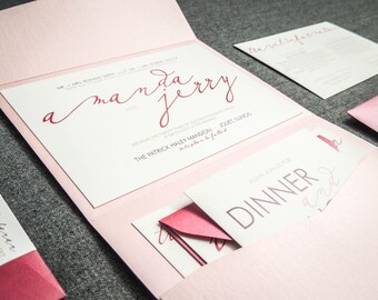 Pink Invitation Suite, Modern Pocketfold Invite, Mrs and Mrs Invitation, Pink and Blush Wedding - "Modern Calligraphy" PF-NL-v3 SAMPLE