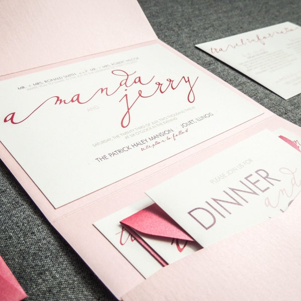 Pink Invitation Suite, Modern Pocketfold Invite, Mrs and Mrs Invitation, Pink and Blush Wedding - "Modern Calligraphy" PF-NL-v3 SAMPLE