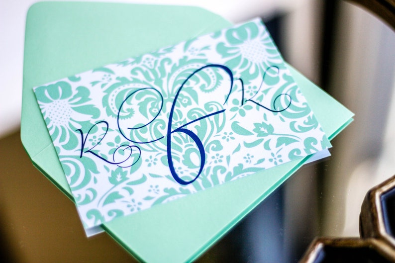 Dramatic Script Flat Personalized Stationery Correspondence Card Damask Stationery DEPOSIT Monogram Thank You Note Mint and Navy