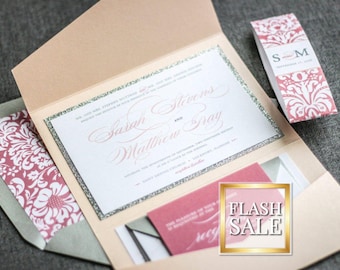 Customizable Blush Wedding Invitations, Silver Glitter Accents | Sample of "Classic Romance" Design