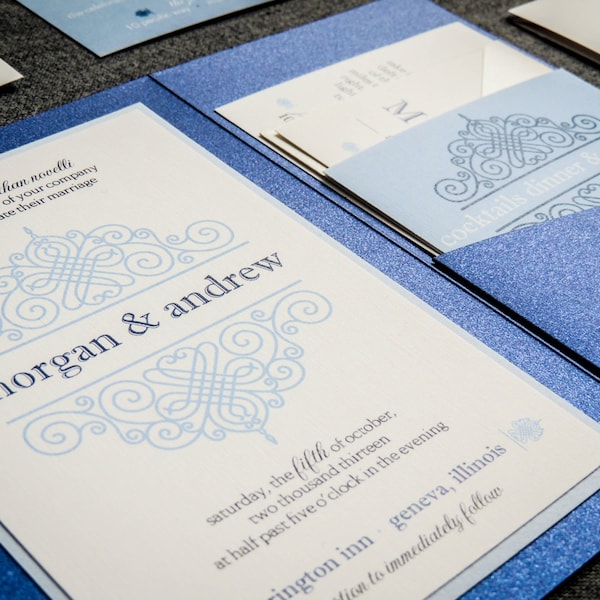 Winter Wedding Invitations, Blue and Silver Wedding Invitations, Pocket Fold Wedding Invitation - "European Scroll" PF-1L-v1 SAMPLE