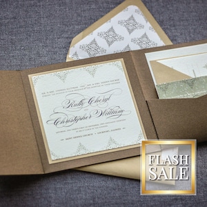 Bronze Wedding Invitations, Steampunk Wedding Invitation, Elegant Wedding, Gold Pocket Invitations - "Delicate Filigree" PF-1L-v2 SAMPLE