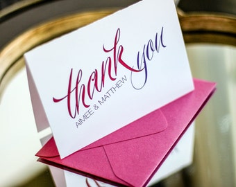 Hot Pink & Purple, Bat Mitzvah Stationery, Modern Script Thank Yous - "Sweeping Script" Folded Thank You Card with Envelope - DEPOSIT