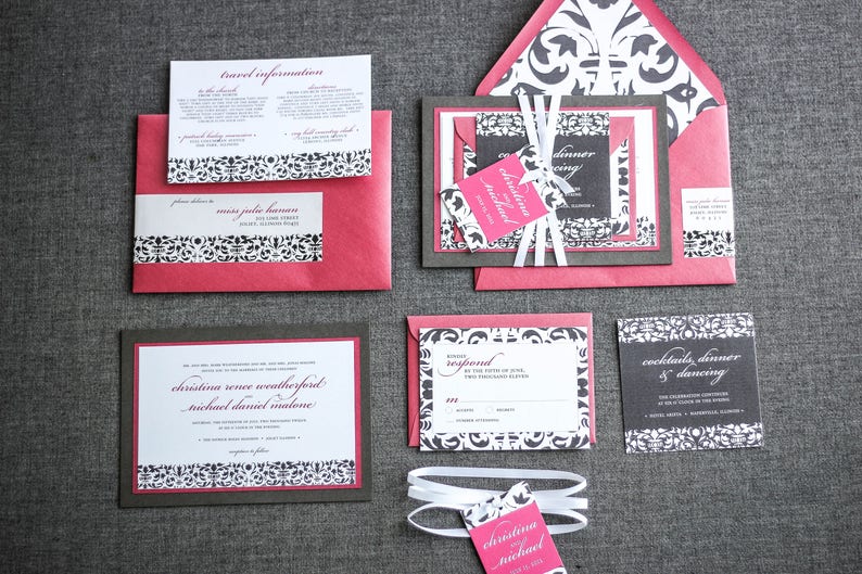 Black and Pink Invitations, Classic Wedding Invitation with Ribbon, Custom Wedding Invitation Suite Elegant Damask FP-2L SAMPLE image 4