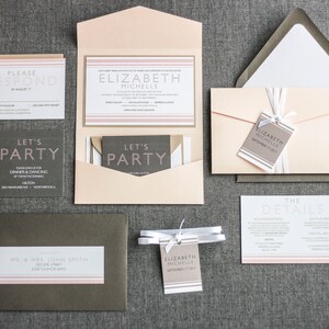 Modern Bat Mitzvah Invitations, Custom Pocketfold Invitations, Contemporary Blush Pink Invitation Striped Mitzvah PF-1L SAMPLE image 3