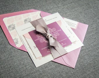 Pink and Purple Invitations, Fuschia Invites, Flat Wedding Invitation, Blush and Purple Wedding - "European Scroll" FP-NL-v2 SAMPLE