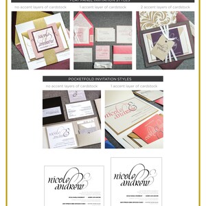 Pode incluir: Um guia de estilos de design de convites com exemplos de convites de painel plano e de bolso. Os exemplos apresentam diferentes cores e camadas de cart&atilde;o. Os convites s&atilde;o para um casamento com os nomes "Nicole & Andrew" impressos neles. Os convites medem 12,7 cm por 17,8 cm e 15,2 cm por 15,2 cm.