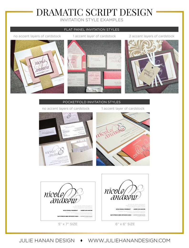 Pode incluir: Um guia de estilos de design de convites com exemplos de convites de painel plano e de bolso. Os exemplos apresentam diferentes cores e camadas de cart&atilde;o. Os convites s&atilde;o para um casamento com os nomes "Nicole & Andrew" impressos neles. Os convites medem 12,7 cm por 17,8 cm e 15,2 cm por 15,2 cm.