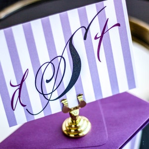 Purple Thank You Note, Monogram Note Card, Script Stationery, Stripe Thank You - "Sweeping Script" Flat Personalized Stationery - DEPOSIT