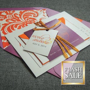 Purple Floral Invitations, Modern Wedding Invitation, Indian Wedding Cards, Fuchsia & Orange Damask  - "Dramatic Script" FP-NL-v3 SAMPLE
