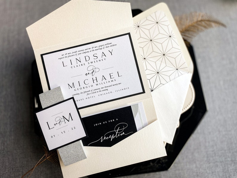 Modern Calligraphy Custom Wedding Invitation, Black and White Pocketfold Invite Printed, Pocket Invitations Timeless Elegance PF-1L SAMPLE image 1