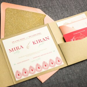 Coral and Gold Wedding Invitations, Indian Wedding Cards, Pocketfold Henna Invitations, Glitter Invites - "Modern Henna" PF-NL-v2 SAMPLE