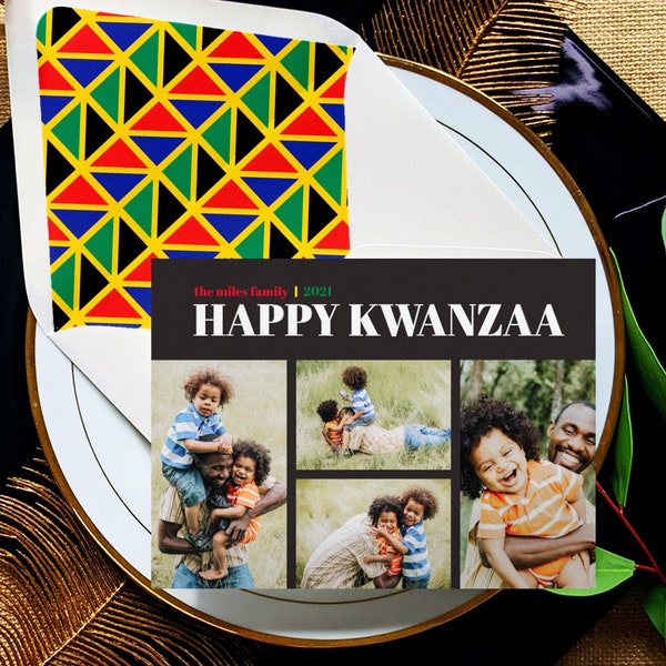 Modern Kwanzaa Holiday Card, African Black Greeting Cards, Handmade Happy Kwanzaa Card Set with Family Photos, Unique Multicultural Cards