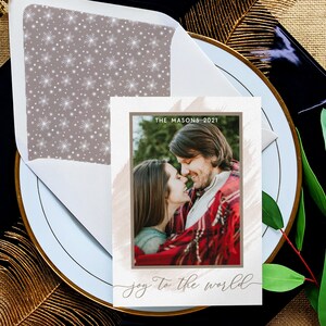 Tarjeta navideña para recién casados 2022, tarjeta fotográfica "Alegría Navideña para el Mundo", impresa, tarjetas navideñas modernas con foto, tarjeta con imagen para Hanukkah y Diwali.