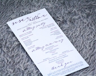 Modern Calligraphy Wedding Programs, Flat Programs, Ceremony Programs, Purple Wedding - "Modern Calligraphy" Flat Program - DEPOSIT