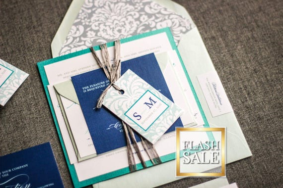 Beach Wedding Invitations, Floral Invitation Suite, Shades of Blue Destination Invite, Peacock, Navy, Grey - Classic Romance FP-1L-v2 SAMPLE