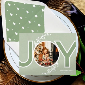 Tarjeta navideña moderna 2022 IMPRESA, Tarjeta navideña Green Joy, Tarjeta de Feliz Navidad con foto, Tarjeta navideña personalizada
