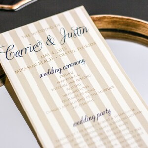 Destination Wedding Programs, Navy Blue and Gold, Striped Ceremony Programs, Summer Wedding - "Starfish and Shell" Flat Program - DEPOSIT