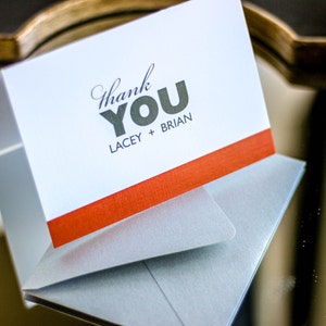 Thank You Cards, Bat Mitzvah Stationery, Modern Thank Yous, Orange and Grey - "Bold Striped" Folded Thank You Card with Envelope - DEPOSIT