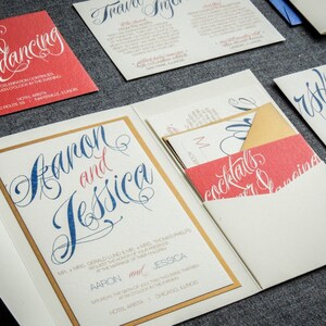 Coral and Navy Wedding Invitations, Modern Script Invitations, Pocket Fold Wedding Invites, Destination - "Sweeping Script" PF-1L-v1 SAMPLE