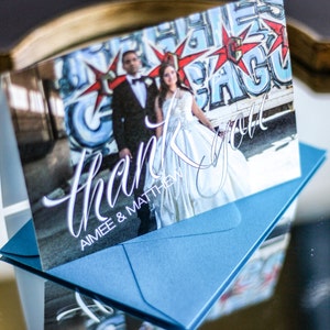 Folded Wedding Thank You, Photo Thank You Card, Script Thank You, Grey and Blue - "Sweeping Script" Folded Photo Thank You Cards - DEPOSIT