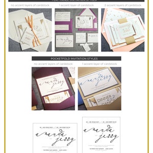 May include: A guide to different invitation styles for weddings, featuring various cardstock options and sizes. The invitation styles include flat panel and pocketfold. The invitations feature the names "Amanda and Jerry" in calligraphy.