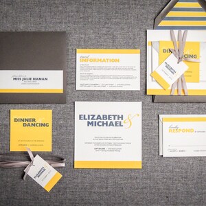 May include: A wedding invitation suite with yellow and gray accents. The invitation features the couple's names, "Elizabeth & Michael", in a bold, blue font. The RSVP card includes the text "Kindly Respond by September 1, 2012".