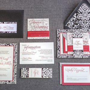 May include: A set of wedding invitations with black and white damask patterns, red accents, and the text "Ruth Cheryl and Christopher William".