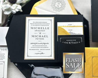 Art Deco Black & Gold Great Gatsby Wedding Invitation, Old Hollywood Monogram Invites, Luxury Regal Event | Sample of "Classic Deco" Design