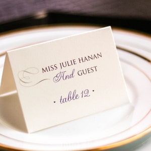 Purple Tented Place Card, Formal Event Reception Seating, Sweetheart Wedding Stationery - "Romantic Flourish" Tented Placecard v4 - DEPOSIT