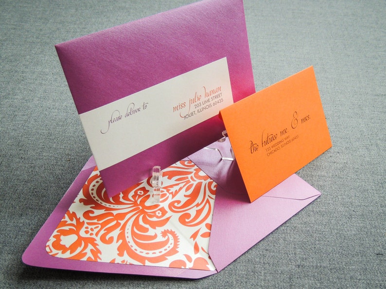 Purple Floral Invitations, Modern Wedding Invitation, Indian Wedding Cards, Fuchsia & Orange Damask Dramatic Script FP-NL-v3 SAMPLE image 4