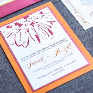 May include: A white wedding invitation with orange and pink borders. The invitation features a stylized floral design and the text "MR & MRS. RONALD SMITH AND MR & MRS. JOSEPH WALLACE REQUEST THE HONOR OF YOUR PRESENCE AT THE MARRIAGE OF THEIR CHILDREN Sarah Joseph ON SATURDAY THE SEVENTEENTH OF APRIL, TWO THOUSAND FIFTEEN AT TWO O'CLOCK IN THE AFTERNOON THE PATRICK HALEY MANSION JOLIET, ILLINOIS".