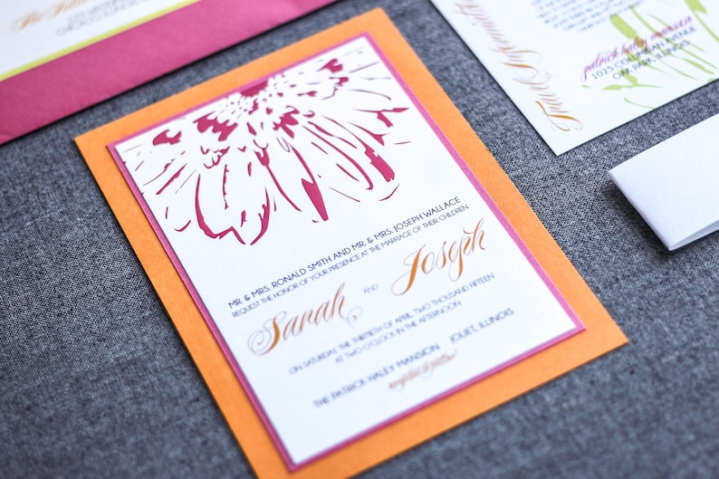 May include: A white wedding invitation with orange and pink borders. The invitation features a stylized floral design and the text "MR & MRS. RONALD SMITH AND MR & MRS. JOSEPH WALLACE REQUEST THE HONOR OF YOUR PRESENCE AT THE MARRIAGE OF THEIR CHILDREN Sarah Joseph ON SATURDAY THE SEVENTEENTH OF APRIL, TWO THOUSAND FIFTEEN AT TWO O'CLOCK IN THE AFTERNOON THE PATRICK HALEY MANSION JOLIET, ILLINOIS".