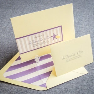 May include: Two yellow envelopes with purple and white striped lining. The front of each envelope has a label with the text "The Future Mr. & Mrs." and an address. One envelope has a starfish and a seashell graphic.