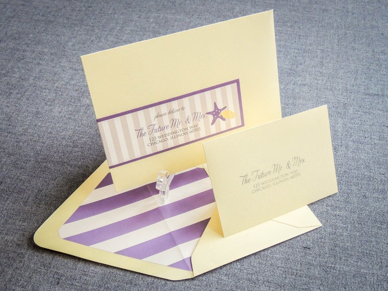 May include: Two yellow envelopes with purple and white striped lining. The front of each envelope has a label with the text "The Future Mr. & Mrs." and an address. One envelope has a starfish and a seashell graphic.