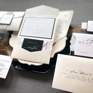 Modern Calligraphy Custom Wedding Invitation, Black and White Pocketfold Invite Printed, Pocket Invitations Timeless Elegance PF-1L SAMPLE image 5