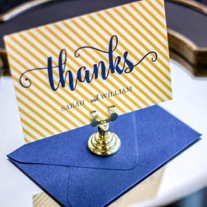 Modern Thank You Card, Personalized Stationery, Nautical Thank You Card, Blue and Gold - "Calligraphy Chic" Flat Thank You Cards - DEPOSIT