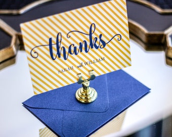 Modern Thank You Card, Personalized Stationery, Nautical Thank You Card, Blue and Gold - "Calligraphy Chic" Flat Thank You Cards - DEPOSIT