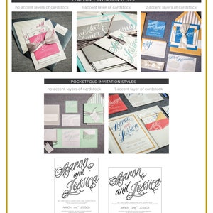 May include: A visual guide to different invitation styles for weddings. The image shows examples of flat panel and pocketfold invitations with varying numbers of accent layers of cardstock. The invitations feature a handwritten script font with the names "Aaron and Jessica" and details about the wedding. The invitations are available in two sizes: 5 x 7 inches and 6 x 6 inches.