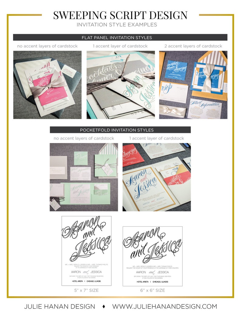 May include: A visual guide to different invitation styles for weddings. The image shows examples of flat panel and pocketfold invitations with varying numbers of accent layers of cardstock. The invitations feature a handwritten script font with the names "Aaron and Jessica" and details about the wedding. The invitations are available in two sizes: 5 x 7 inches and 6 x 6 inches.