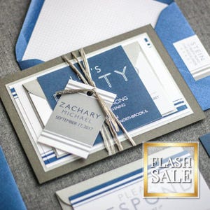 Modern Blue Bar Mitzvah Invitation, Layered Baptism Invites, Graduation Party Invite, Custom Stationery | Sample of &quot;Striped Mitzvah&quot; Design