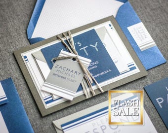 Modern Blue Bar Mitzvah Invitation, Layered Baptism Invites, Graduation Party Invite, Custom Stationery | Sample of "Striped Mitzvah" Design