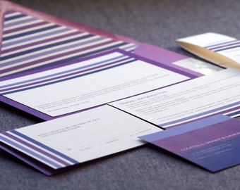 Modern Wedding Invitations, Eggplant and Purple Invites, Fuschia & Lilac - "Contemporary Triple Striped" FP-1L SAMPLE