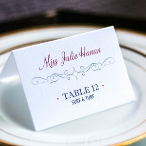 Navy Blue, Coral and Silver Wedding Placecards, Special Event Placecards, Seating Cards - "Enchanting Vintage" Tented Placecard v1 - DEPOSIT