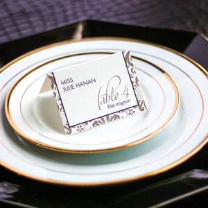 Personalized Name Cards, Special Event Placecards, Wedding Placecards, Purple and Khaki - "Dramatic Script" Tented Placecard v4 - DEPOSIT