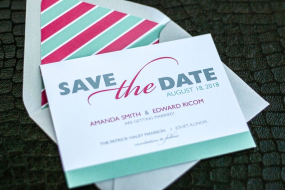 Wedding Save the Dates, Modern Invitations, Beach Theme, Aqua and Coral Cards - "Bold Striped" Save the Date Card with Envelope - DEPOSIT