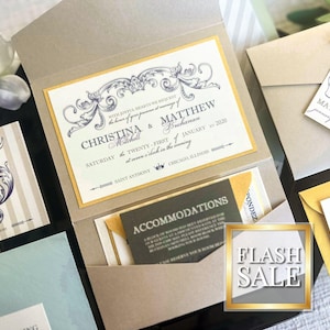 Blue and Gold Wedding Invitations, Vintage Invitation Suite, Beach Invites, Luxury Invitation Set - &quot;Romantic French Country&quot; PF-1L SAMPLE