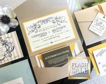 Blue and Gold Wedding Invitations, Vintage Invitation Suite, Beach Invites, Luxury Invitation Set - "Romantic French Country" PF-1L SAMPLE